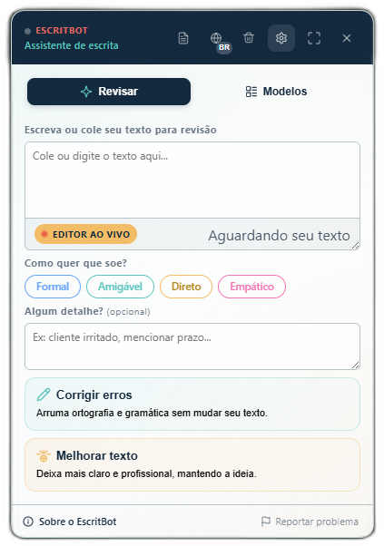 Modal do EscritBot com editor ao vivo, tom e correção/melhoria